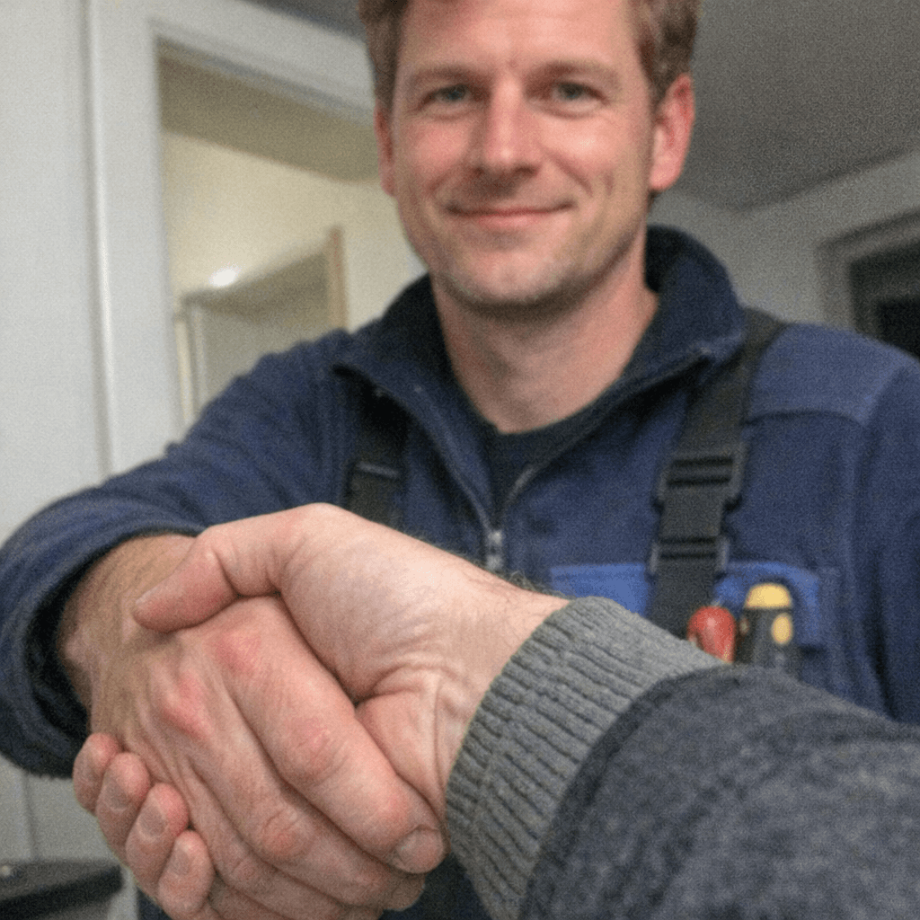 Vertrauensvoller Handschlag zwischen Handwerker und zufriedenem Auftraggeber