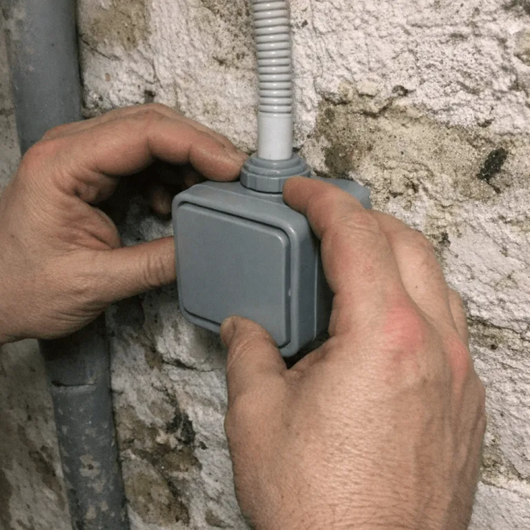 Detaillierte Installation eines wassergeschützten Schaltelements in einem feuchten Kellerraum