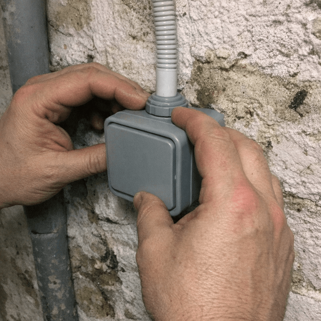 Detaillierte Installation eines wassergeschützten Schaltelements in einem feuchten Kellerraum