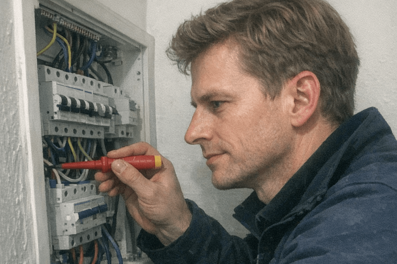 Fokussierter Fachmann bei der präzisen Arbeit an einem Sicherungskasten